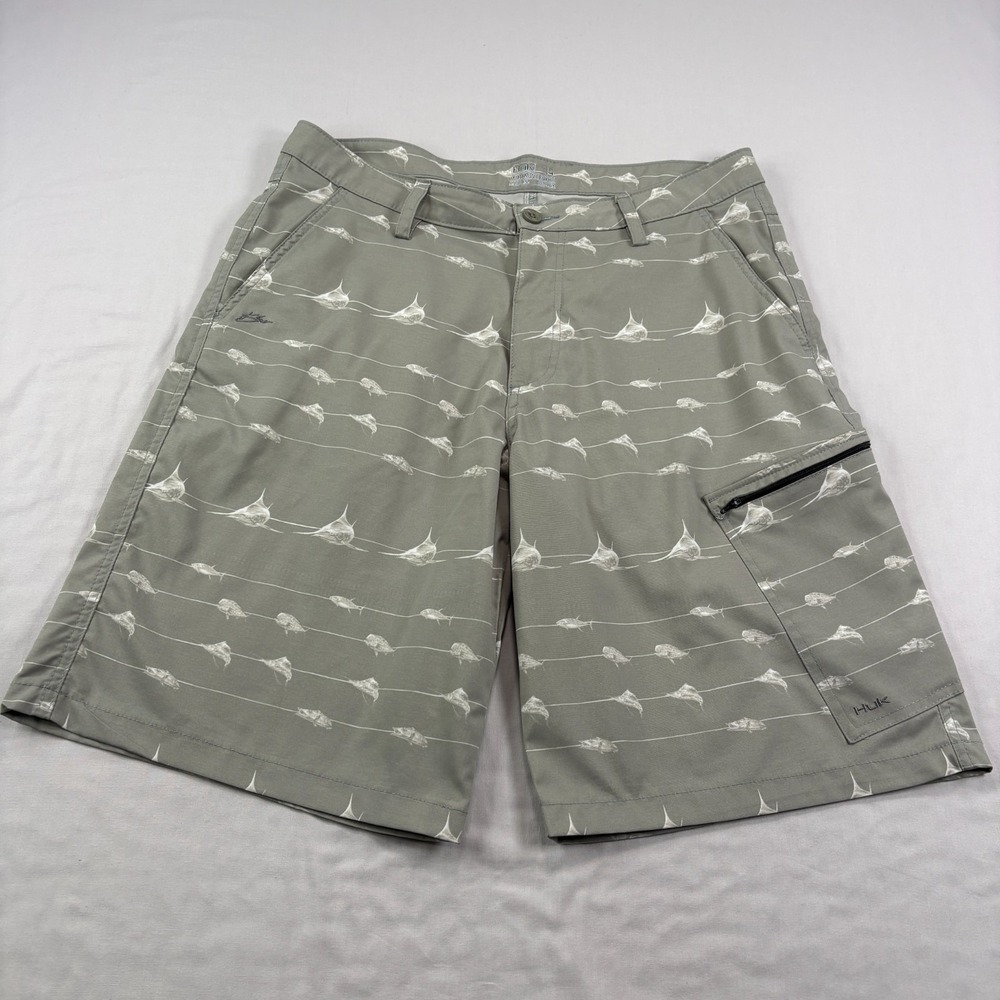 Huk Fishing Shorts Mens Size 34 Green Gray Performance Stretch Hybrid